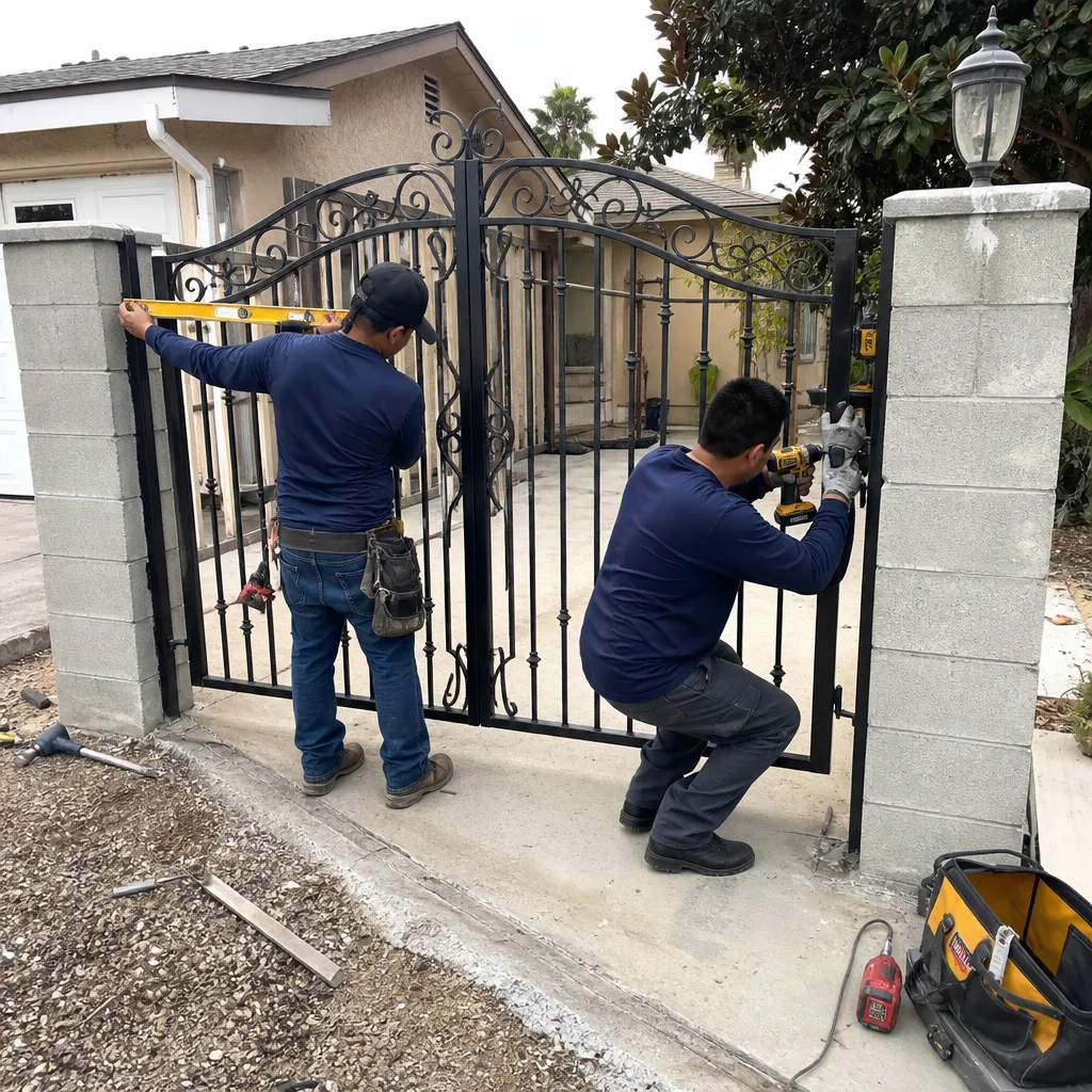 Two professionals installing a decorative metal driveway gate