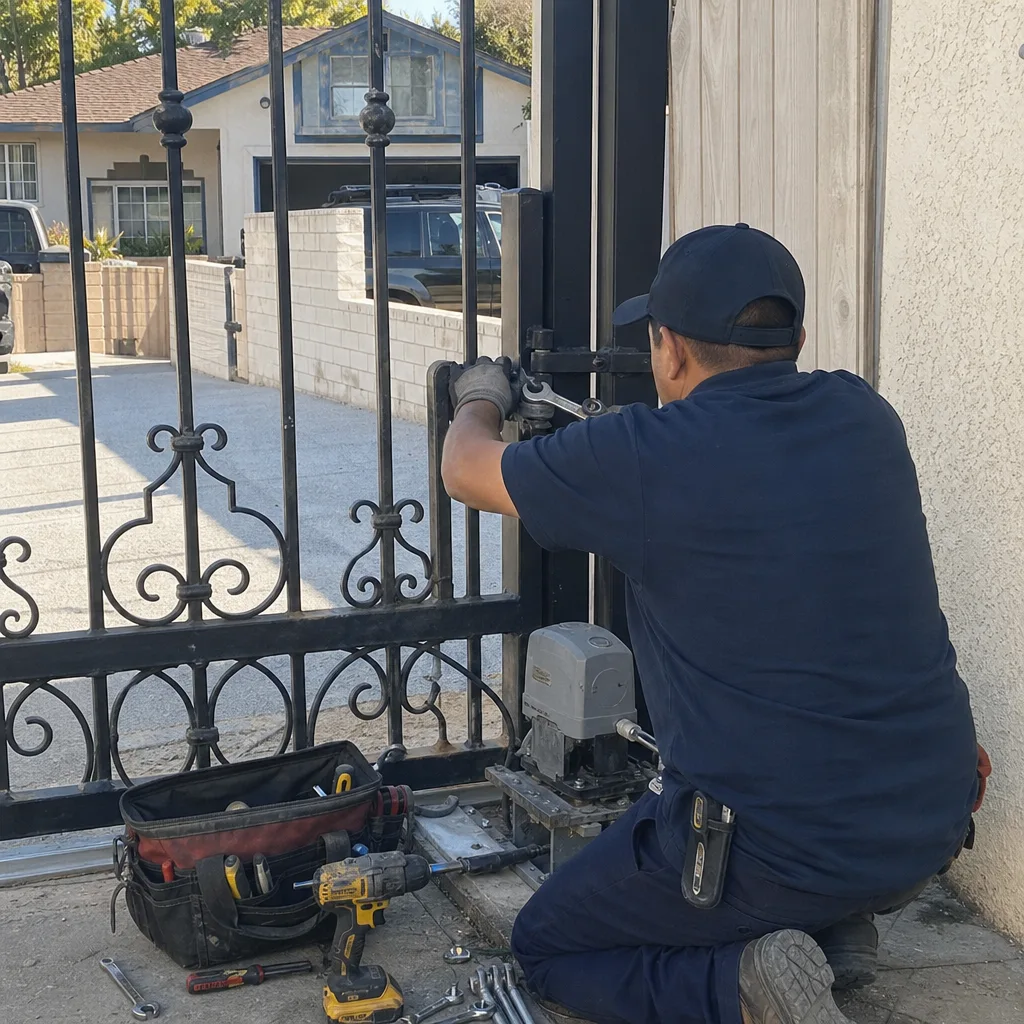 Technician performing professional gate motor repair on a residential iron gate