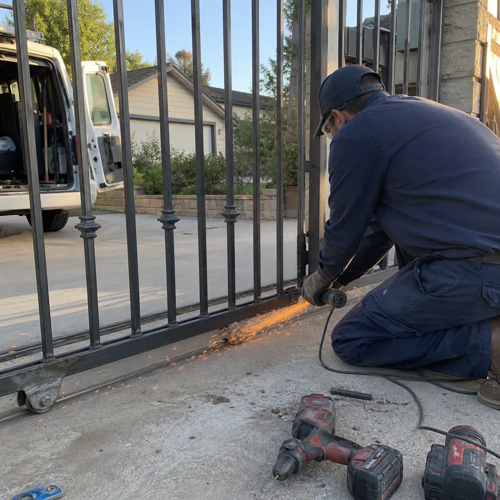 Professional technician performing residential gate repair using power tools