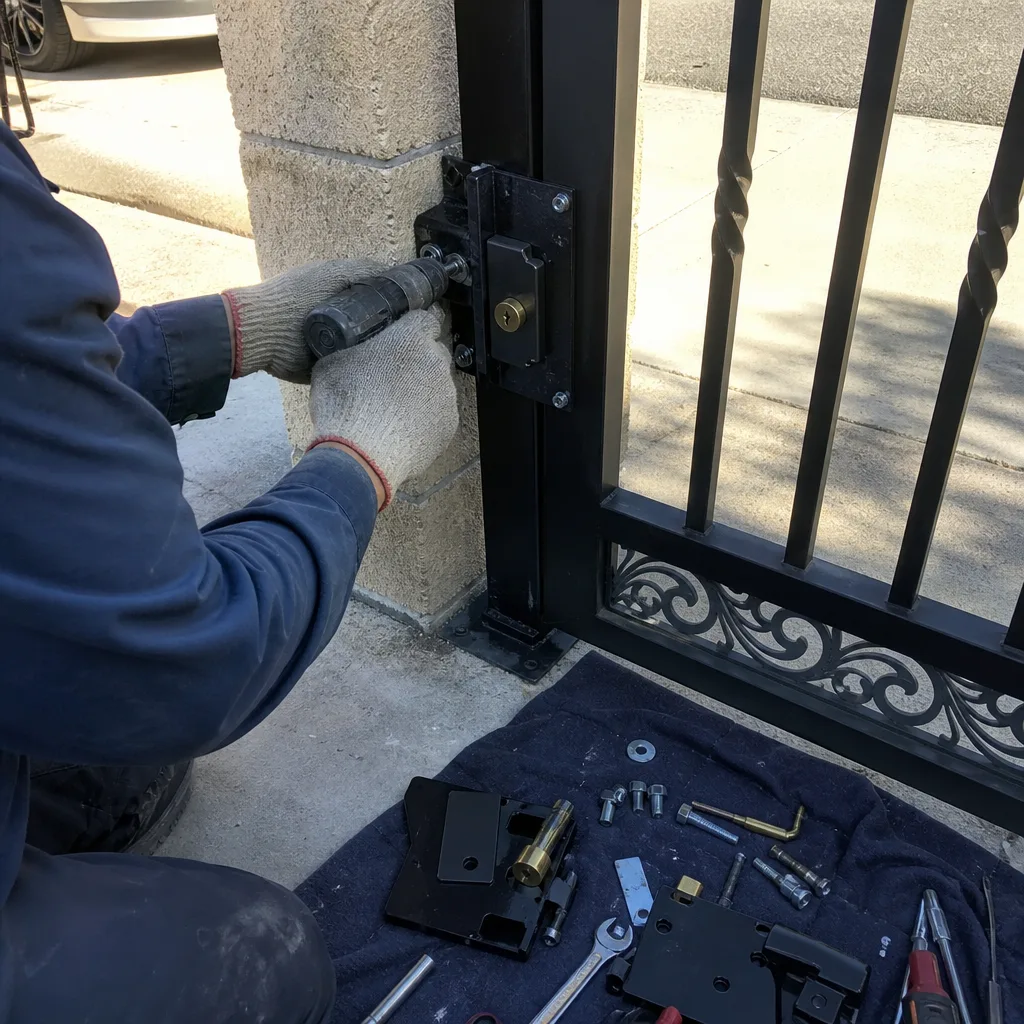 Technician using a power drill to repair a metal gate lock